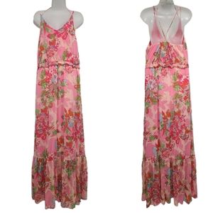 GB Floral Maxi Dress Pink Ruffle XL Open Back